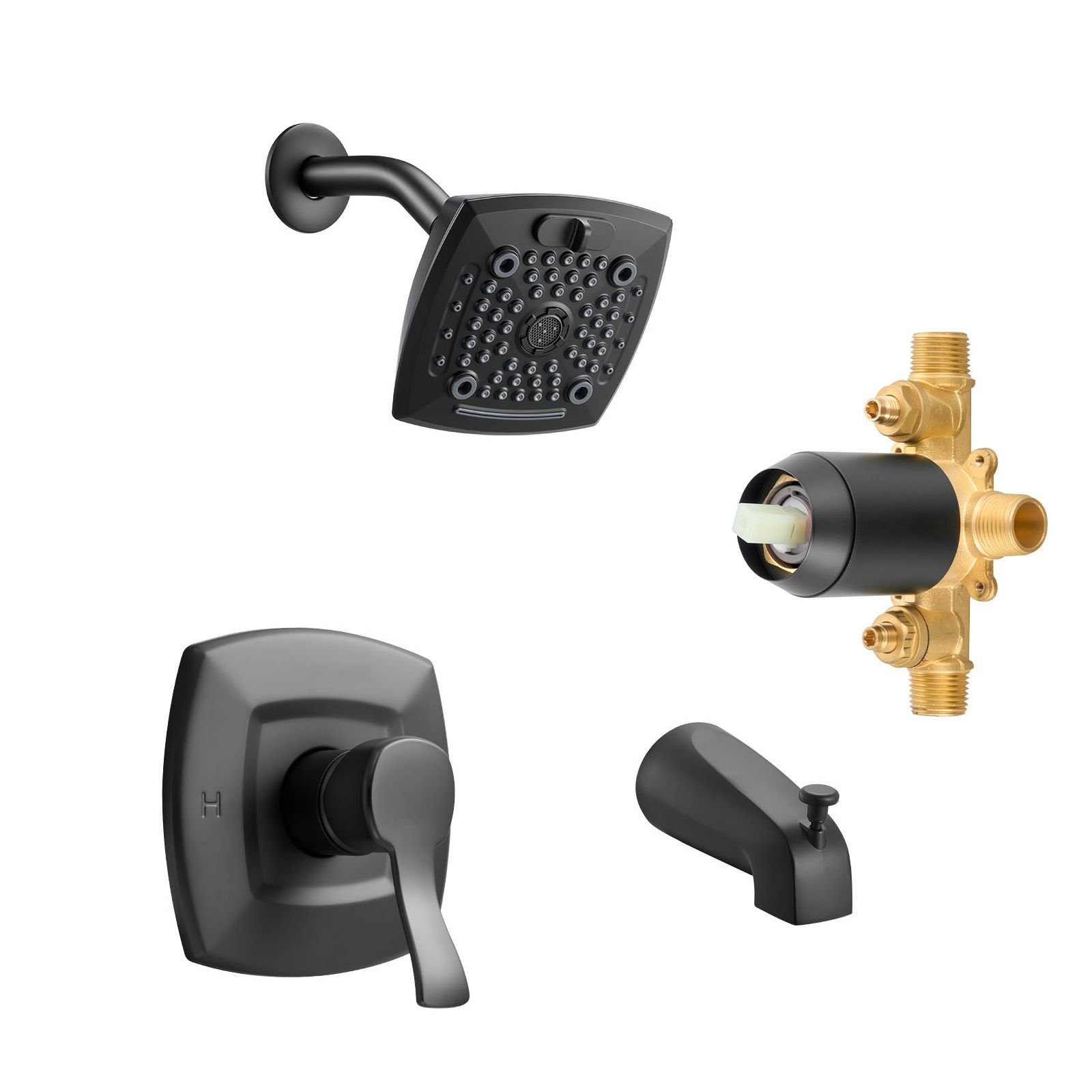 tub and shower faucet set, complete with 5.1 inch rainfall shower head and bathtub spout, 5 setting adjustable spray, single handle tub trim kit with brass pressure balancing valve, matte black