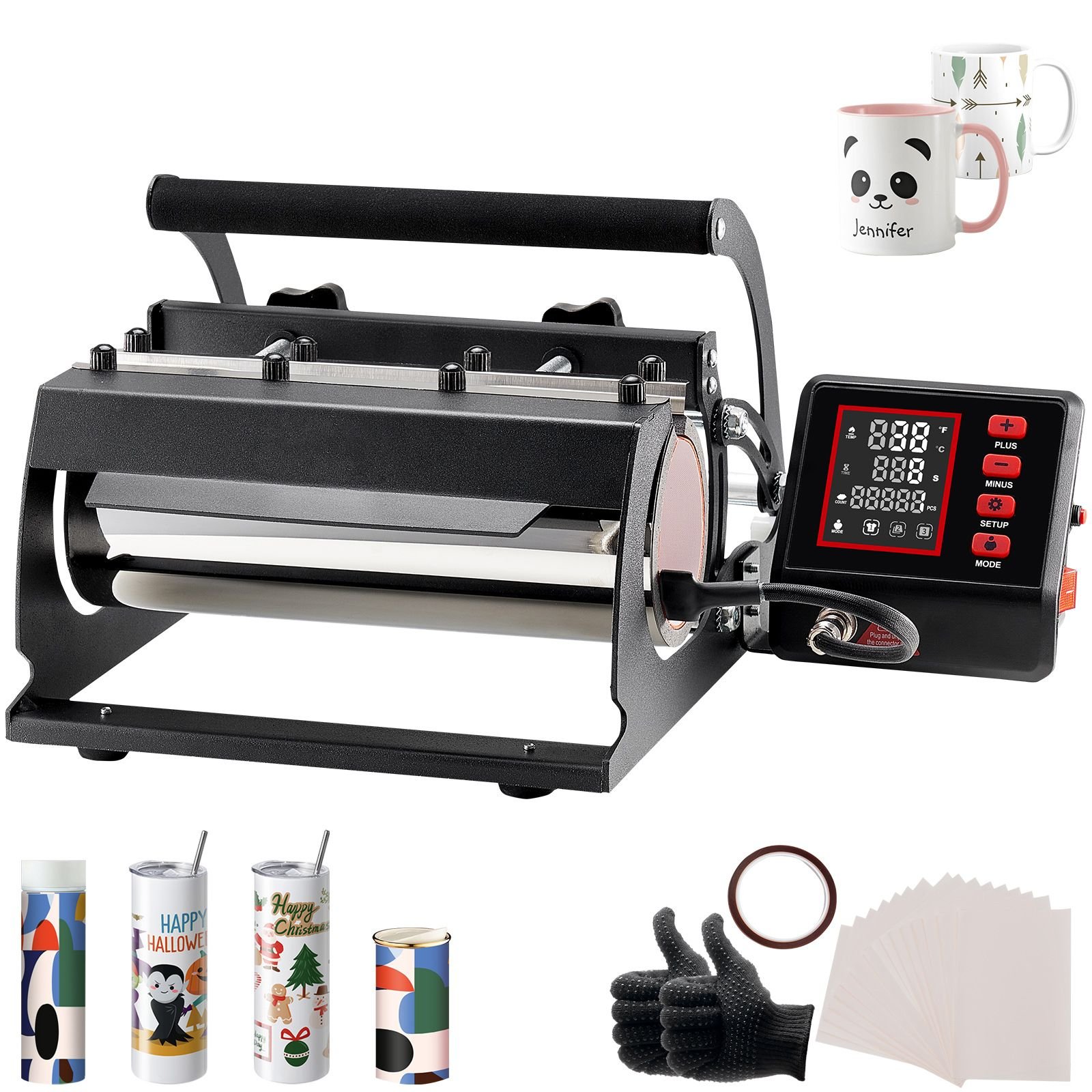 tumbler heat press machine, 11 30oz mug press, heat up fast and even, tumbler press with sublimation paper, tape and gloves, temp and time setting, for sublimation tumblers, cups, mugs, black