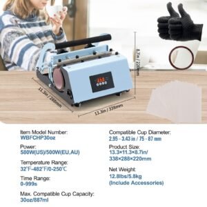 tumbler heat press machine, 11 30oz mug press, heat up fast and even, tumbler press with sublimation paper, tape and gloves, temp and time setting, for sublimation tumblers, cups, mugs, blue