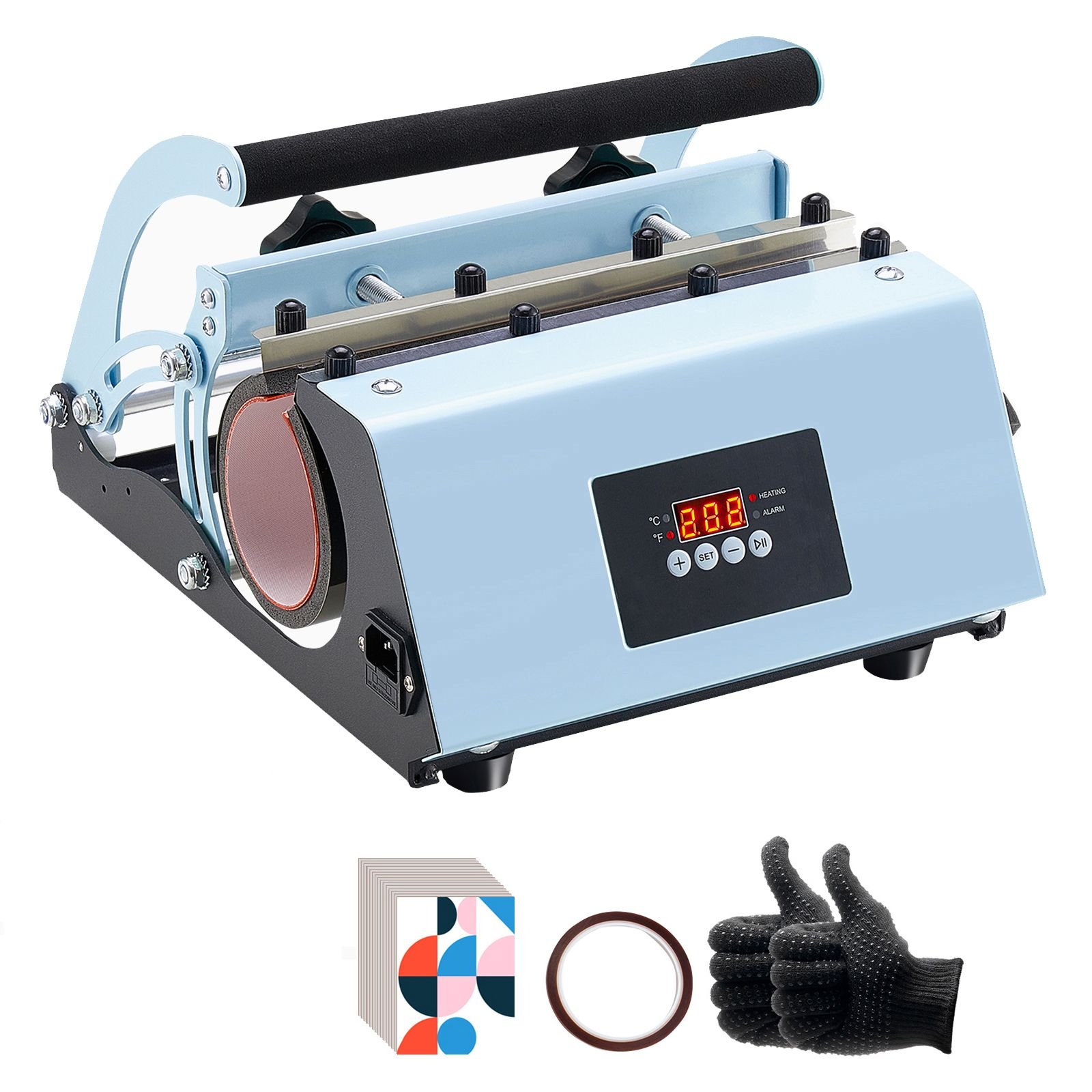 tumbler heat press machine, 11 30oz mug press, heat up fast and even, tumbler press with sublimation paper, tape and gloves, temp and time setting, for sublimation tumblers, cups, mugs, blue