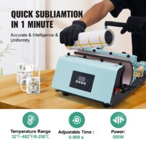tumbler heat press machine, 11 30oz mug press, heat up fast and even, tumbler press with sublimation paper, tape and gloves, temp and time setting, for sublimation tumblers, cups, mugs, green