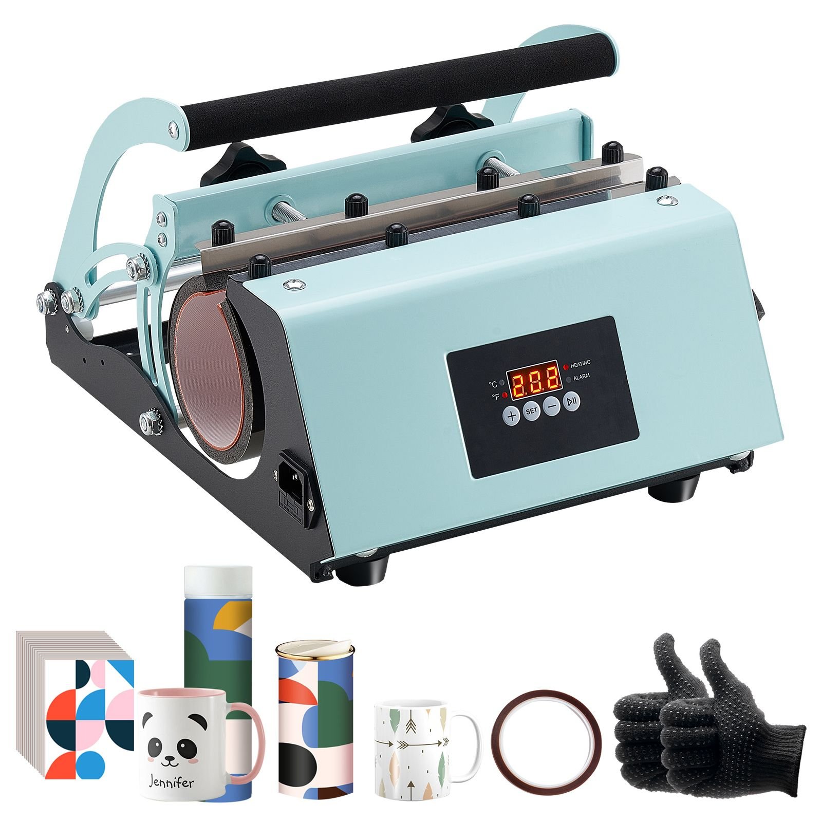 tumbler heat press machine, 11 30oz mug press, heat up fast and even, tumbler press with sublimation paper, tape and gloves, temp and time setting, for sublimation tumblers, cups, mugs, green