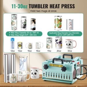 tumbler heat press machine, 2 station heaters, 11 30oz mug press, heat up fast and even, tumbler press with dual independent display screens, for sublimation tumblers, cups, and mugs