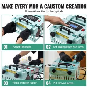 tumbler heat press machine, 2 station heaters, 11 30oz mug press, heat up fast and even, tumbler press with dual independent display screens, for sublimation tumblers, cups, and mugs