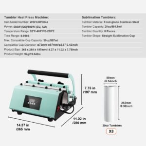 tumbler heat press machine and sublimation tumblers, tumbler press set with 8pcs 20oz blank tumblers, mug press cup press for 11 30oz tumblers mug, with heat transfer paper, gloves, tape