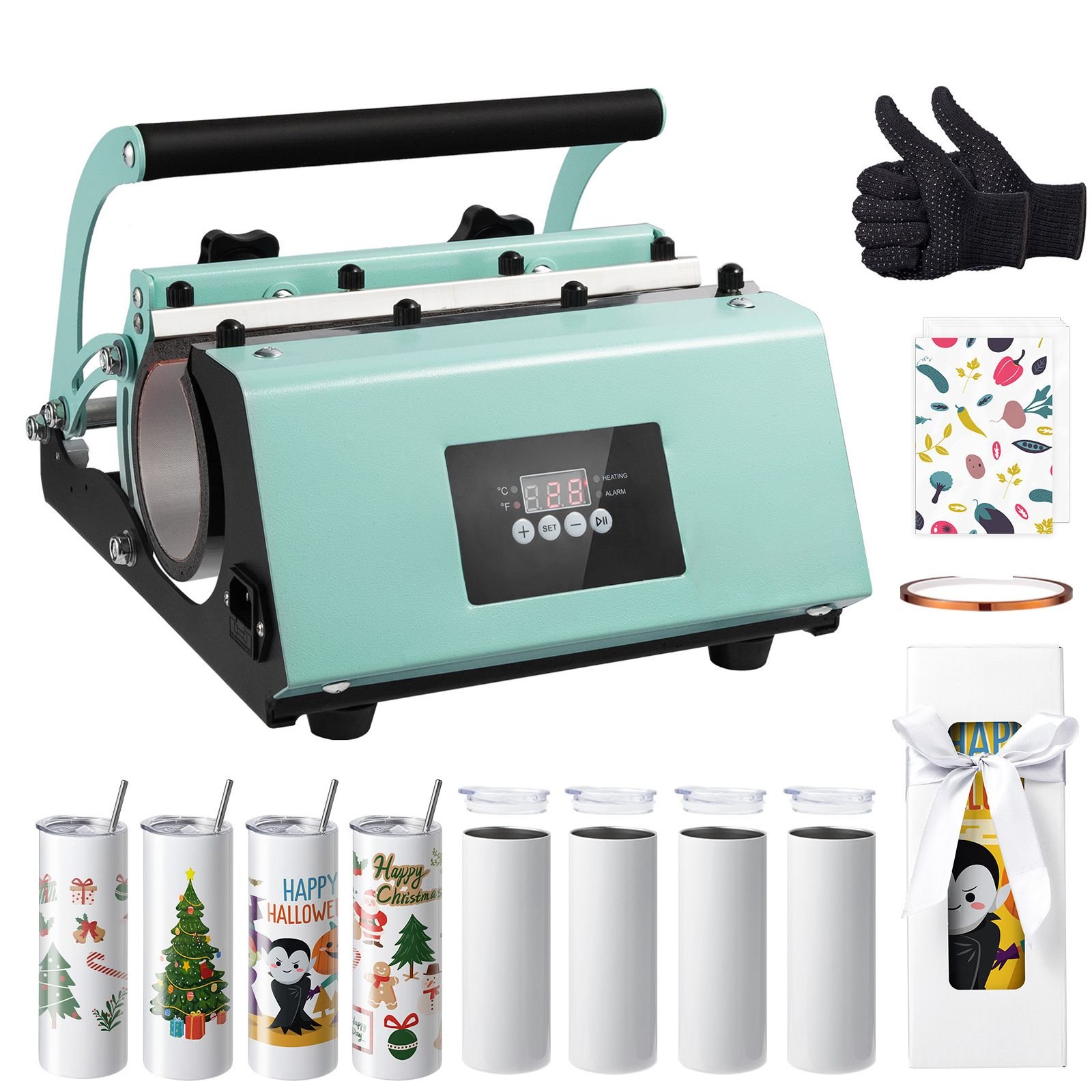 tumbler heat press machine and sublimation tumblers, tumbler press set with 8pcs 20oz blank tumblers, mug press cup press for 11 30oz tumblers mug, with heat transfer paper, gloves, tape
