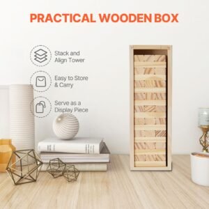 tumbling timber toy, 54 blocks tumble tower blocks game, pine wood tumbling tower game with storage crate, multiple ways to play wooden stacking game, tumble tower family game for indoor/outdoor