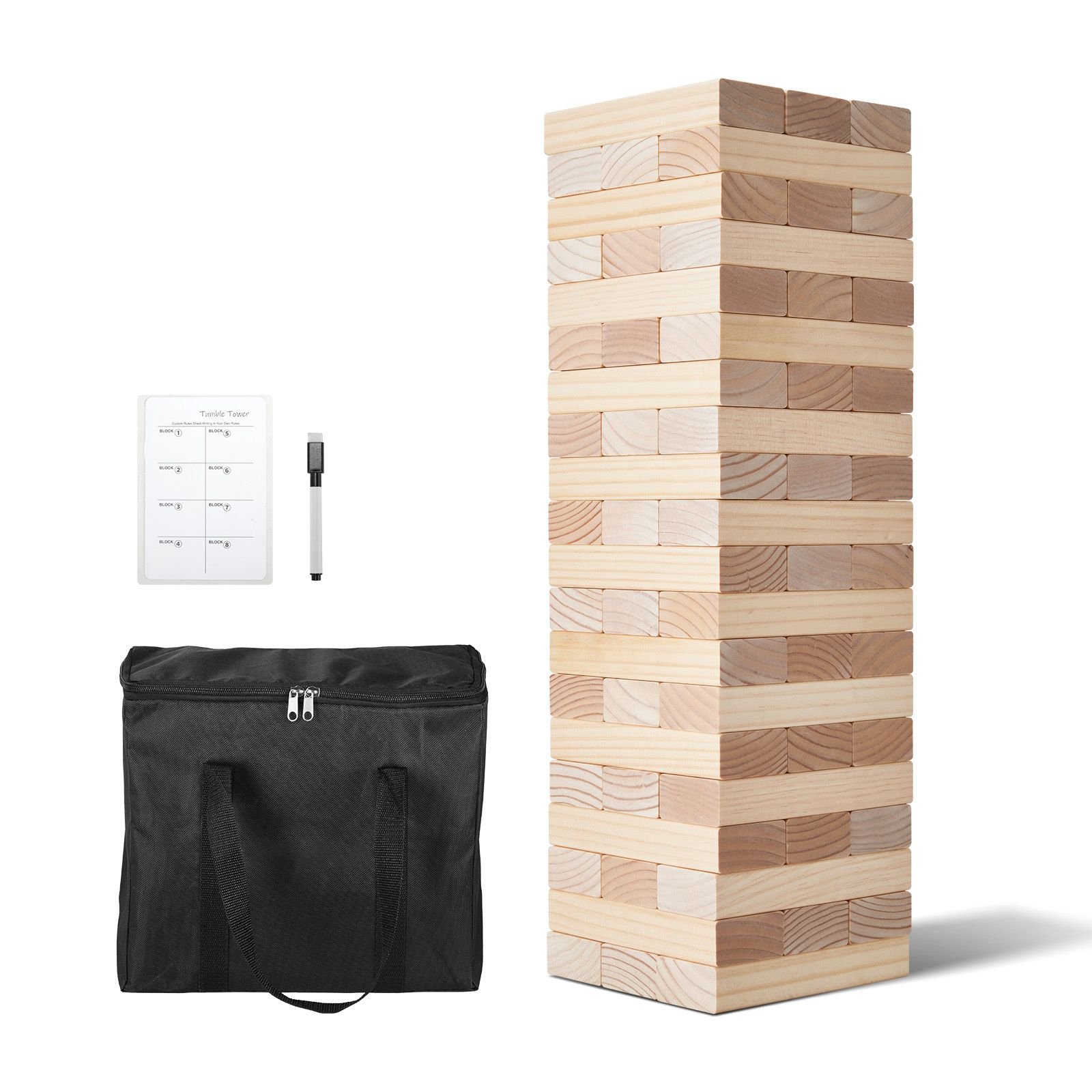 tumbling timber toy, 60 blocks giant tumble tower blocks game, pine wood tumbling tower game with carry bag and scoreboard, wooden stacking game, tumble tower family games for indoor/outdoor