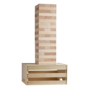 tumbling timber toy, 60 blocks giant tumble tower blocks game, pine wood tumbling tower game with storage crate and scoreboard, wooden stacking game, tumble tower family games for indoor/outdoor