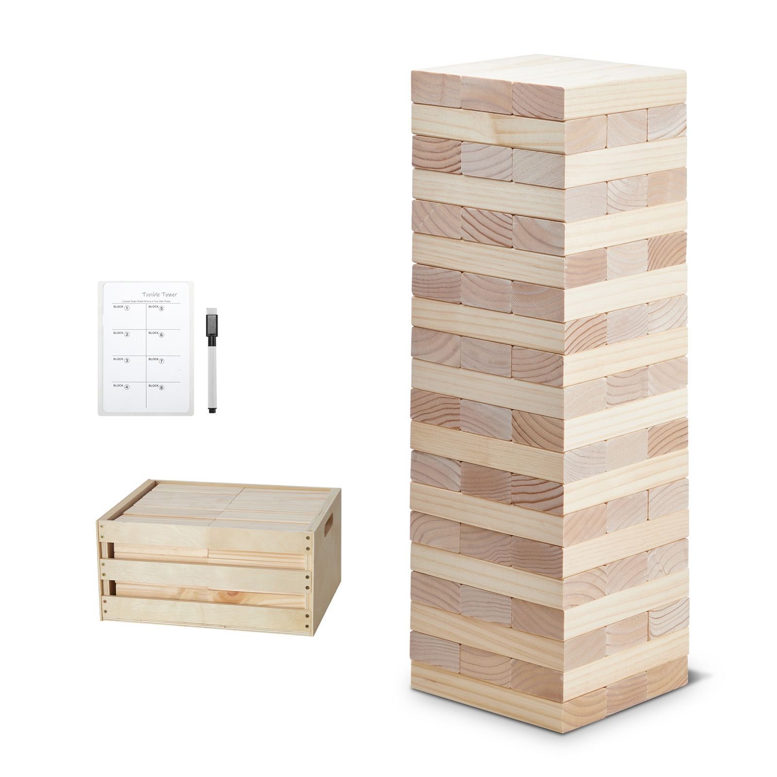 tumbling timber toy, 60 blocks giant tumble tower blocks game, pine wood tumbling tower game with storage crate and scoreboard, wooden stacking game, tumble tower family games for indoor/outdoor