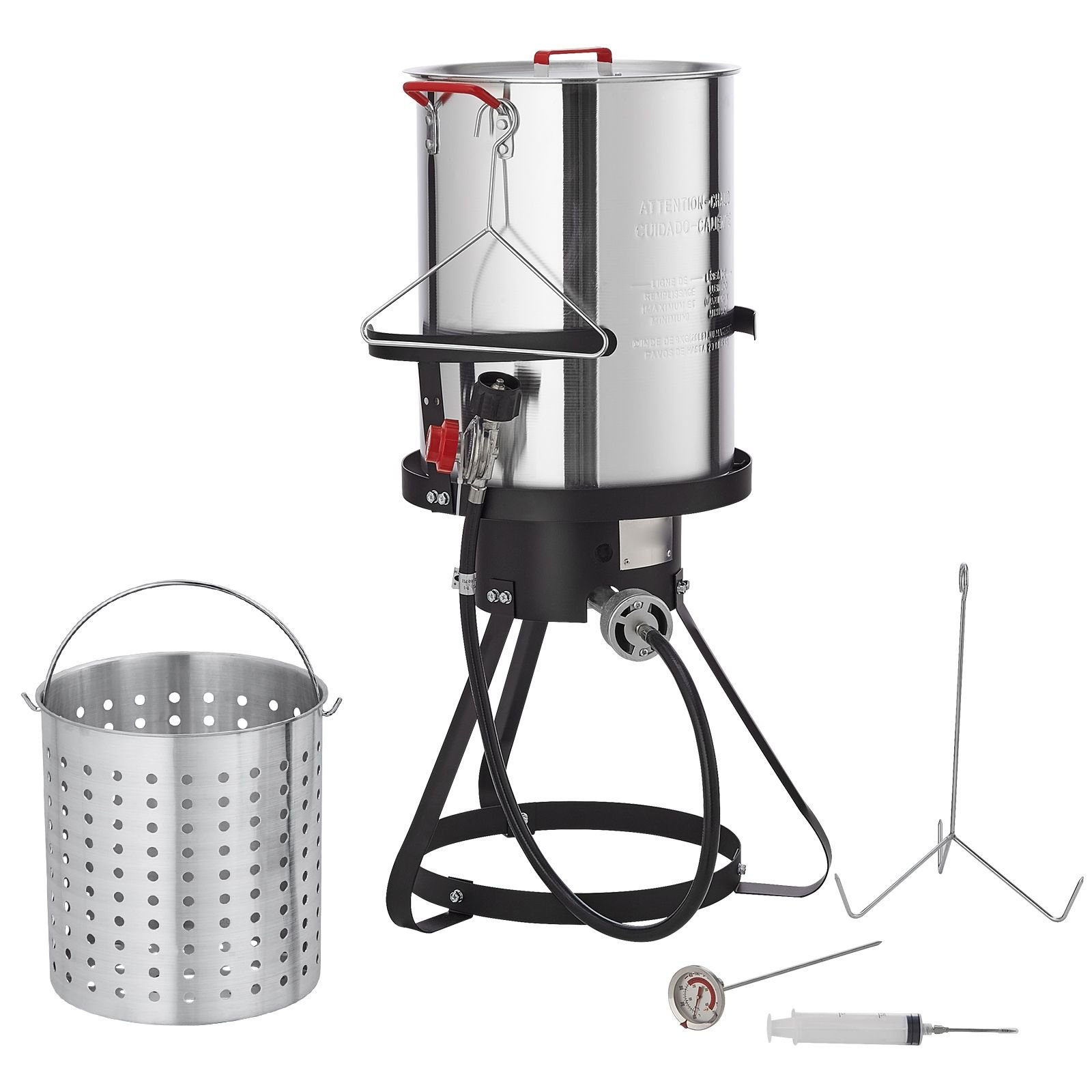 turkey deep fryer, 30 qt turkey fryer boiler steamer cooker set, outdoor aluminum seafood frying pot, 54,000 btu burner propane gas boiler, includes basket, perforated poultry rack, thermometer