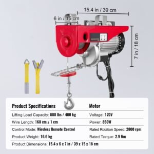 tuspuzz electric hoist, 880 lbs lifting capacity, 850w 110v electric steel wire winch with wireless remote control, 40ft single cable lifting height & pure copper motor, for garage warehouse factory