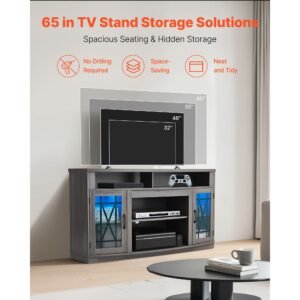 tv stand for tvs up to 65 inch, farmhouse entertainment center with light strip, wooden tv cabinet storage with glass doors and adjustable shelves, console table for living room, bedroom, gray