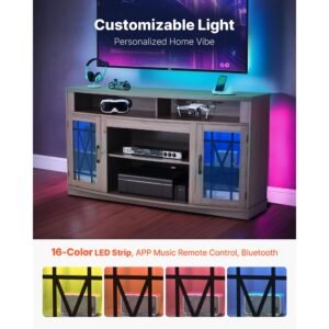 tv stand for tvs up to 65 inch, farmhouse entertainment center with light strip, wooden tv cabinet storage with glass doors and adjustable shelves, console table for living room, bedroom, gray