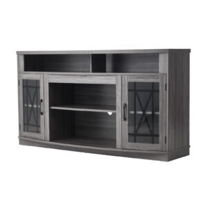TV Stand for TVs up to 65 inch, Farmhouse Entertainment Center with Light Strip, Wooden TV Cabinet Storage with Glass Doors and Adjustable Shelves, Console Table for Living Room, Bedroom, Gray