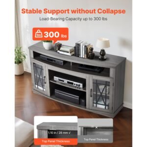 tv stand for tvs up to 65 inch, farmhouse entertainment center with light strip, wooden tv cabinet storage with glass doors and adjustable shelves, console table for living room, bedroom, gray