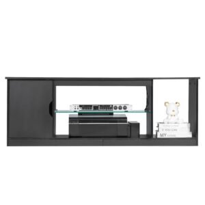 tv stand for tvs up to 65 inch, modern entertainment center with light strip, wooden tv cabinet storage with glass shelf and adjustable shelves, console table for living room and bedroom, black