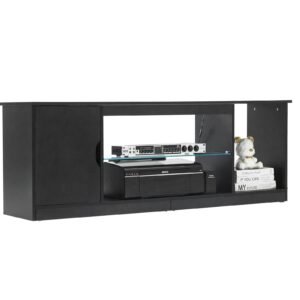 tv stand for tvs up to 65 inch, modern entertainment center with light strip, wooden tv cabinet storage with glass shelf and adjustable shelves, console table for living room and bedroom, black