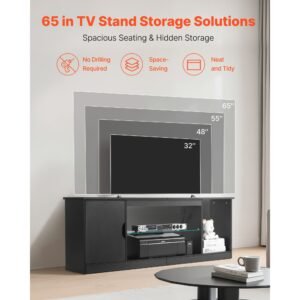tv stand for tvs up to 65 inch, modern entertainment center with light strip, wooden tv cabinet storage with glass shelf and adjustable shelves, console table for living room and bedroom, black