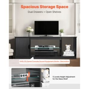 tv stand for tvs up to 65 inch, modern entertainment center with light strip, wooden tv cabinet storage with glass shelf and adjustable shelves, console table for living room and bedroom, black
