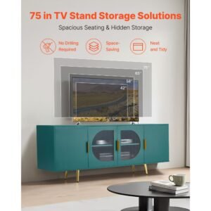 tv stand for tvs up to 75 inch, modern entertainment center with glass doors and gold legs, tv cabinet storage with adjustable shelves, media console table for living room and bedroom, green