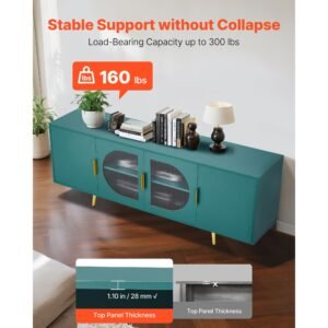 tv stand for tvs up to 75 inch, modern entertainment center with glass doors and gold legs, tv cabinet storage with adjustable shelves, media console table for living room and bedroom, green