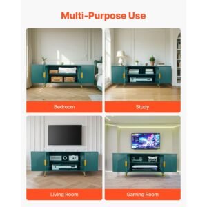 tv stand for tvs up to 75 inch, modern entertainment center with glass doors and gold legs, tv cabinet storage with adjustable shelves, media console table for living room and bedroom, green