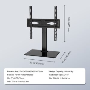 tv stand mount, swivel universal tv stand for 32 to 55 inch tvs, height adjustable portable floor tv stand with tempered glass base for bedroom, living room