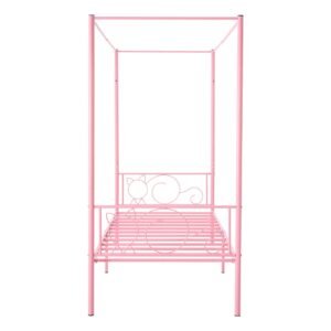 twin size canopy bed frame, metal canopy bed with minimalist headboard & four posters design, heavy duty steel slats support, underbed storage space, no box spring needed, easy assembly, pink