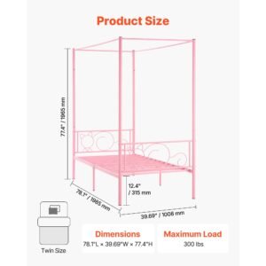 twin size canopy bed frame, metal canopy bed with minimalist headboard & four posters design, heavy duty steel slats support, underbed storage space, no box spring needed, easy assembly, pink