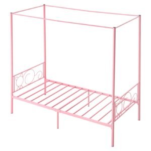 Twin Size Canopy Bed Frame, Metal Canopy Bed with Minimalist Headboard & Four Posters Design, Heavy Duty Steel Slats Support, Underbed Storage Space, No Box Spring Needed, Easy Assembly, Pink