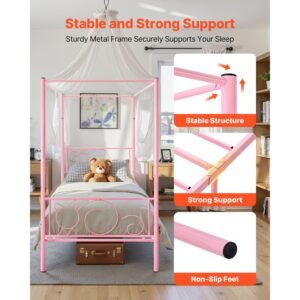 twin size canopy bed frame, metal canopy bed with minimalist headboard & four posters design, heavy duty steel slats support, underbed storage space, no box spring needed, easy assembly, pink
