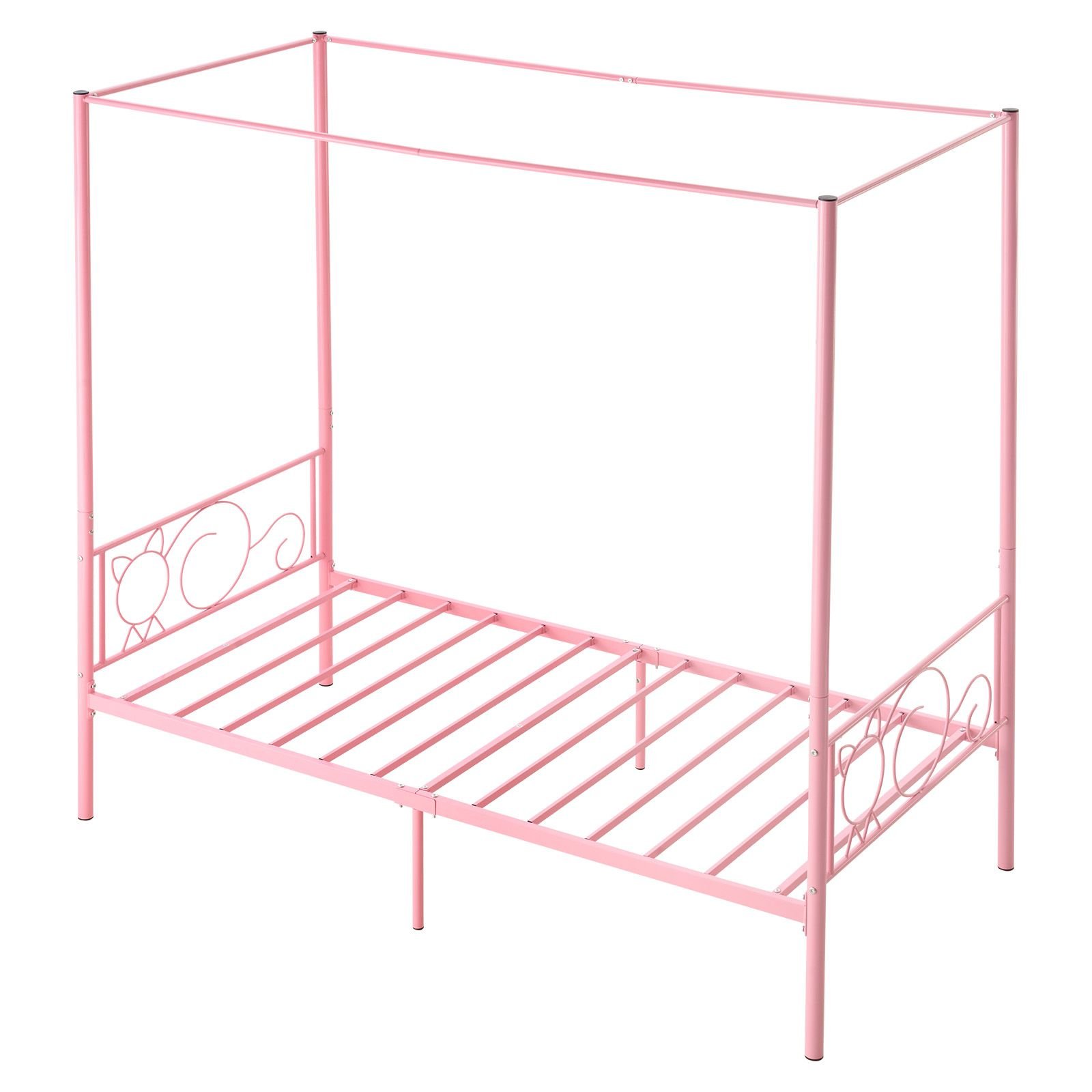 twin size canopy bed frame, metal canopy bed with minimalist headboard & four posters design, heavy duty steel slats support, underbed storage space, no box spring needed, easy assembly, pink