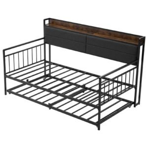 twin size daybed frame, day bed with trundle, heavy duty metal platform bed frame with charging station, twin daybed with metal slats support for living room, bedroom, guest room, easy assembly