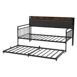twin size daybed frame, day bed with trundle, heavy duty metal platform bed frame with charging station, twin daybed with metal slats support for living room, bedroom, guest room, easy assembly