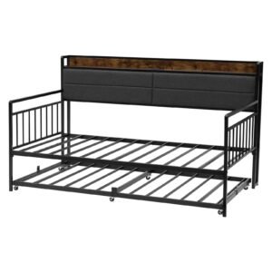 Twin Size Daybed Frame, Day Bed with Trundle, Heavy Duty Metal Platform Bed Frame with Charging Station, Twin Daybed with Metal Slats Support for Living Room, Bedroom, Guest Room, Easy Assembly