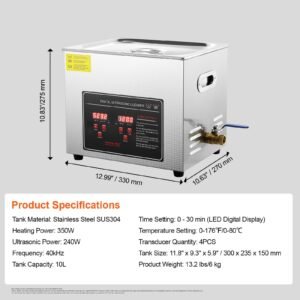 ultrasonic cleaner with digital timer & heater, professional ultra sonic jewelry cleaner, stainless steel heated cleaning machine for glasses watch rings small parts circuit board (10l)