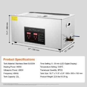 ultrasonic cleaner with digital timer & heater, professional ultra sonic jewelry cleaner, stainless steel heated cleaning machine for glasses watch rings small parts circuit board (22l)