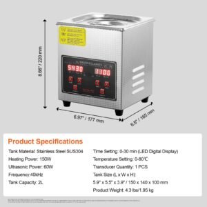 ultrasonic cleaner with digital timer & heater, professional ultra sonic jewelry cleaner, stainless steel heated cleaning machine for glasses watch rings small parts circuit board (2l)