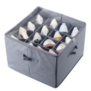 under bed shoe storage organizer, 1 pack, 16 compartments, underbed shoe box storage containers adjustable dividers, sandal organizer storage with clear window, breathable, reinforced handles