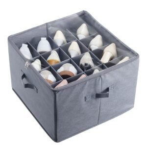 under bed shoe storage organizer, 1 pack, 16 compartments, underbed shoe box storage containers adjustable dividers, sandal organizer storage with clear window, breathable, reinforced handles