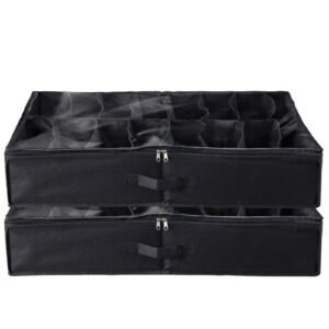 under bed shoe storage organizer, set of 2, total 32 compartments, underbed shoes closet storage solution with clear window, breathable, foldable fabric container box with reinforced handles