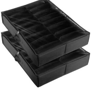 under bed shoe storage organizer, set of 2, total 32 compartments, underbed shoes closet storage solution with clear window, breathable, foldable fabric container box with reinforced handles