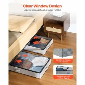 under bed storage with clear lids, 33.5 x 16.9 x 4.7 inch, 45l large underbed clothes storage containers, low profile under bed drawer shoe organizer bins box for blanket shoe bedroom, 2 pack