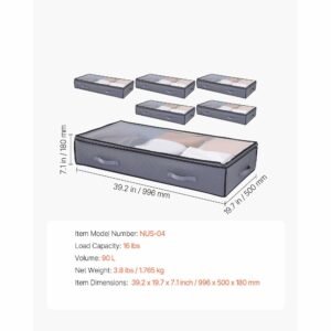 under bed storage with clear lids, 39.2 x 19.7 x 7.1 inch, 90l large underbed clothes storage containers, low profile under bed drawer shoe organizer bins box for blanket shoe bedroom, 6 pack