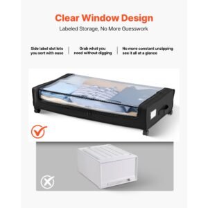 under bed storage with wheels, 30.3 x 18.5 x 6.8 inch, underbed containers with clear lid, underbed shoe organizer, rolling under the bed storage bins for clothes shoes blankets bedroom, 2 pack
