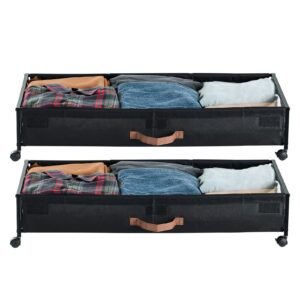 under bed storage with wheels, 36.0 x 18.1 x 7.3 inch, underbed containers with clear lid, underbed shoe organizer, rolling under the bed storage bins for clothes shoes blankets bedroom, 2 pack