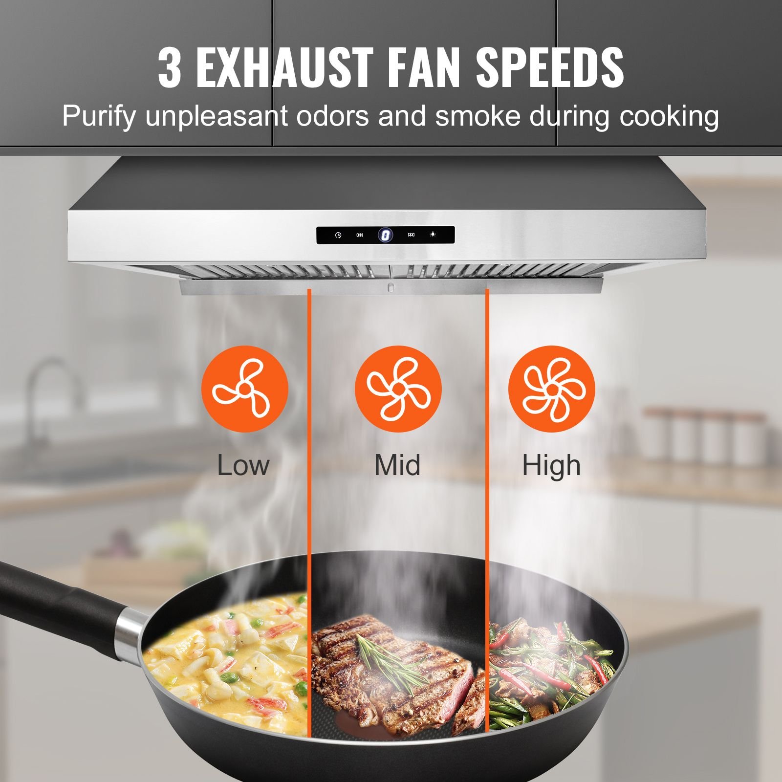 under cabinet range hood, dual motors ductless kitchen stove vent, stainless steel permanent filter with 3 speed exhaust fan, 2 baffle filters, led lights, touch control panel, silver (30 inch)