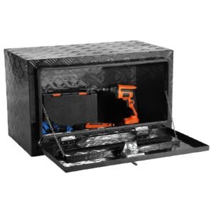 underbody truck box, 36" x 17" x 18" pickup storage box, heavy duty aluminum diamond plate tool box with lock and keys, waterproof trailer storage box with t handle latch for truck, van, trailer