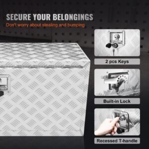 underbody truck box, 36"×17"×18" pickup storage box, heavy duty aluminum diamond plate tool box with lock and keys, waterproof trailer storage box with t handle latch for truck, van, trailer